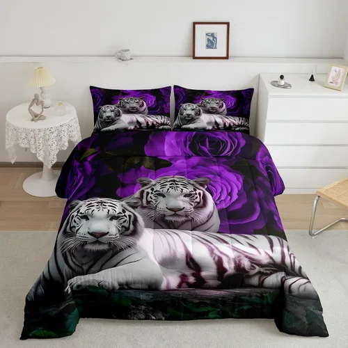 Miniatura 13 de Erosebridal Juego de ropa de cama de guepardo con rosa azul, juego de edredón con estampado de leopardo y gato, edredón romántico de plumón