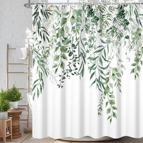 Miniatura 18 de Cortina de ducha de eucalipto verde salvia Velaequezii con plantas de acuarela, hojas botánicas de primavera impresas, cortina de baño impermeable