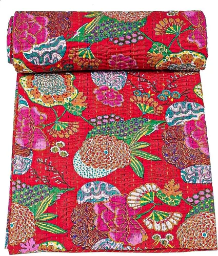 Miniatura 9 de Manta Kantha de retazos bohemios, manta de cama bohemia tamaño King, colcha Kantha con estampado de frutas, funda de cama Kantha hecha a mano Beige