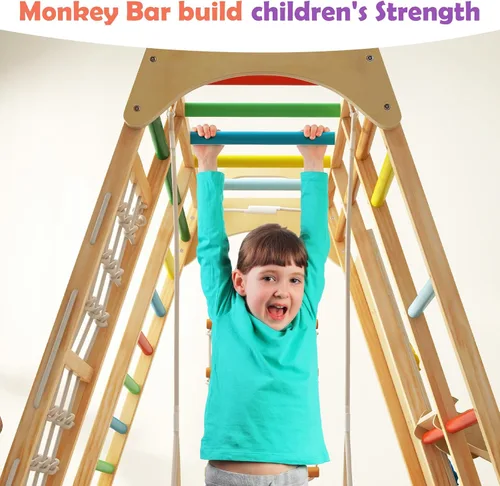 Miniatura 7 de INFANS Gimnasio de la selva para interiores, juego de escalada para interiores Montessori de 8 en 1 para niños, juego de madera para escaladores