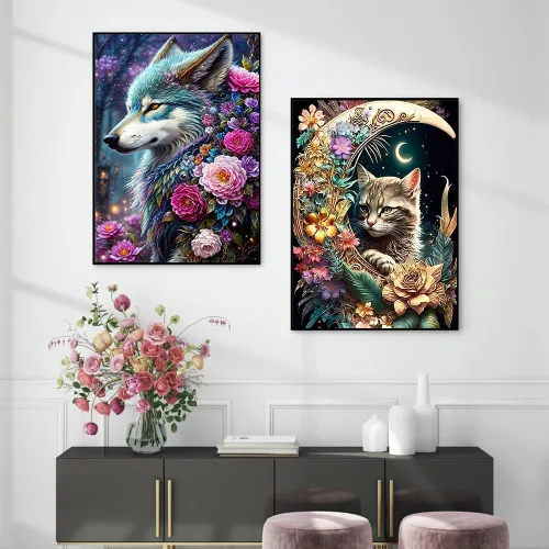Miniatura 7 de OFRKE Kits de Pintura de Diamantes de Gato y Lobo de 2 Piezas para Adultos, Kits de Arte de Diamantes 5D DIY de Taladro Completo Redondo
