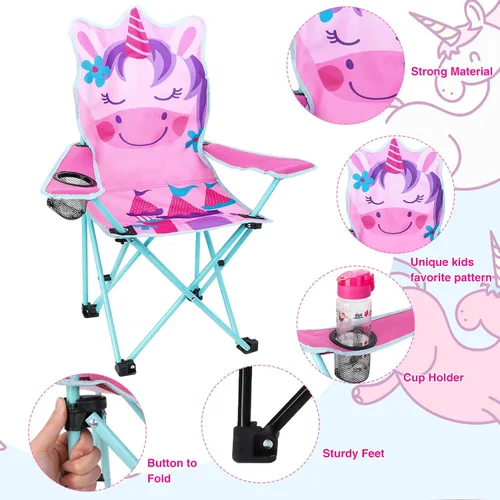 Miniatura 3 de KABOER Silla plegable para césped y camping para niños con portavasos y bolsa de transporte, sillas de camping para niños Unicornio Rosa