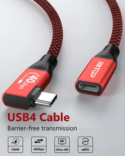 Miniatura 2 de RIITOP Cable de extensión USB4 de 40 Gbps [2.6 pies, en ángulo], USB tipo C 4.0 macho a hembra, cable en ángulo de 90 grados, compatible