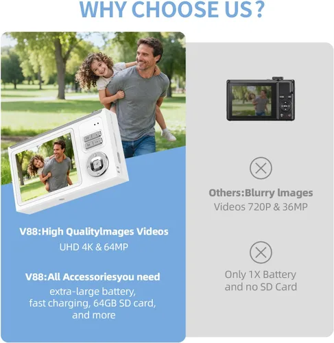 Miniatura 7 de Cámara digital, cámara 4K de 64 MP para niños con pantalla IPS de 2.8 pulgadas, tarjeta SD de 64 GB y zoom digital de 16X, cámara compacta