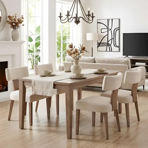 Miniatura 7 de HNY Juego de 4 sillas de comedor modernas de mediados de siglo, sillas de cocina de acento tapizadas en tela de lino estilo granja con respaldo