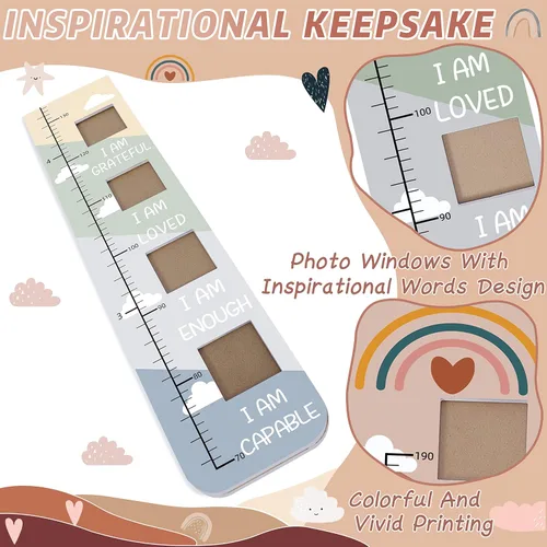 Miniatura 5 de Tabla de crecimiento inspiradora de madera maciza para niños con ventanas de fotos, tabla de altura motivacional para niños, tabla de pared plegable