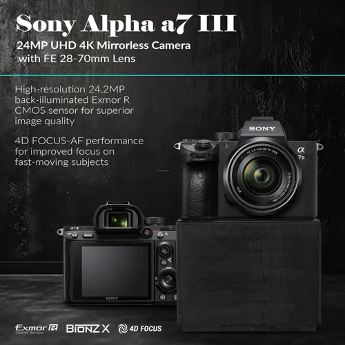 Miniatura 3 de Sony Cámara sin espejo Alpha a7 III con lente FE de 1.102-2.756 in, marco completo de 24.2MP, video 4K, paquete con bolsa, tarjeta SD de 64 GB