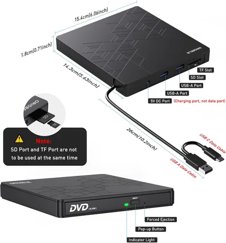 Miniatura 6 de ORIGBELIE Unidad externa de CD y DVD, grabadora de CD USB 3.0 con 2 puertos USB y 2 ranuras para tarjetas TF/SD, unidad de disco óptico
