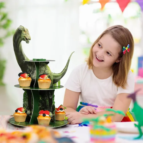 Miniatura 5 de Censen Soporte para cupcakes de dinosaurio de 3 niveles, decoraciones de fiesta con temática de dinosaurio, decoración de torre de postre