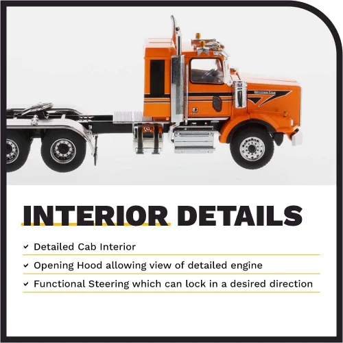 Miniatura 4 de Diecast Masters Western Star 4900 SB Sleeper Tandem Tractor - Cabina naranja metalizada con rayas negras 1/50