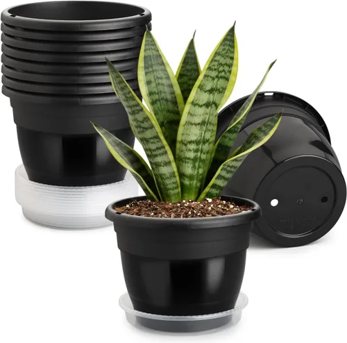 RooTrimmer Juego de 10 macetas de 8 pulgadas con agujeros de drenaje y platillos, macetas para plantas de interior y exterior, macetas de orquídeas