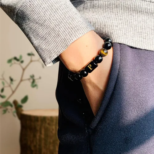 Miniatura 83 de SUMMER LOVE Regalos para el Día del Padre, pulsera con inicial de piedra de ónix negro de 0.394 pulgadas para hombres, pulsera de cuerda trenzada