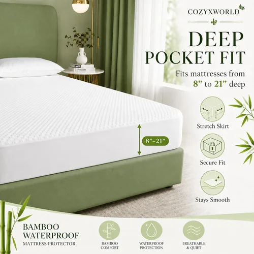 Miniatura 7 de Protector de colchón impermeable tamaño individual – Funda de colchón de viscosa de bambú refrescante, tela de aire 3D silenciosa, bolsillo profundo