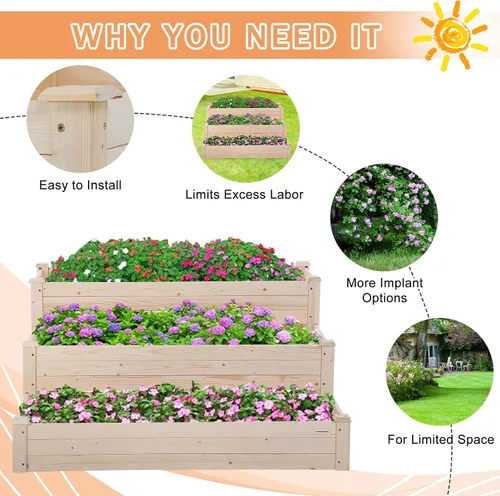 Miniatura 5 de Macetas de 3 niveles para plantas al aire libre, kit de cultivo elevado, caja de jardinera, cajas de jardín elevadas al aire libre, maceta de madera