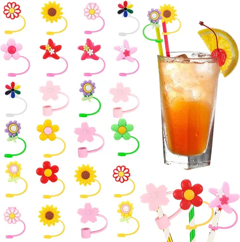 Miniatura 7 de Nuenen 24 fundas de pajilla, de silicona, reutilizables, con diseño de flores de dibujos animados, a prueba de salpicaduras, para popotes de 0.315 a