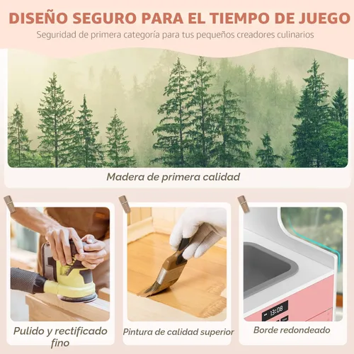 Miniatura 4 de BIERUM Cocina de Juguete con Luces y Sonidos Realistas, Juego de Cocina de Madera con 28 Piezas de Comida de Juguete y Accesorios de Utensilios
