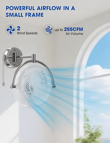 Miniatura 5 de Ventiladores de pared con cadena de tracción, ventiladores de pared de 10 pulgadas, ventilador oscilante silencioso para montaje en pared, brazo