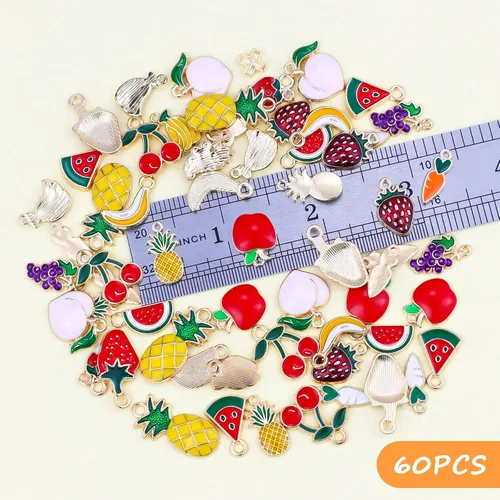 Miniatura 3 de JIALEEY 60 dijes de frutas chapados en oro surtidos esmaltados mezclados con manzana, plátano, piña, fresa, uva, melocotón, colgante, bricolaje