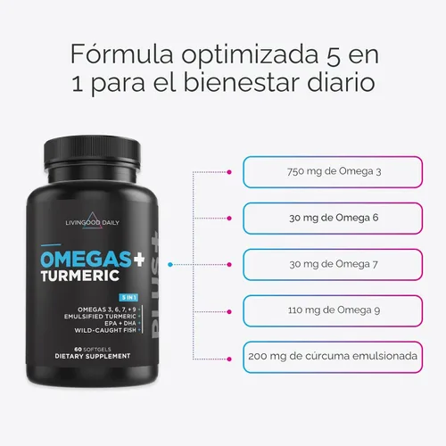Miniatura 5 de Livingood Daily Omega 3 6 9 Plus Curcumina de cúrcuma - Suplemento Omega 3 (EPA y DHA) - Apoya la salud del corazón - Suplementos - 60 cápsulas