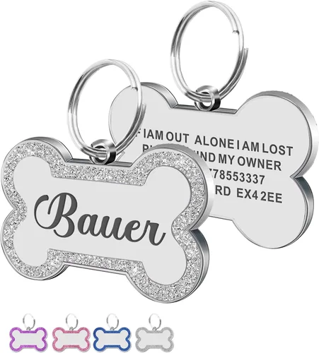 Etiquetas para perro grabadas para mascotas, etiqueta para perro con purpurina personalizada con cualquier nombre y texto, etiqueta de Plateado