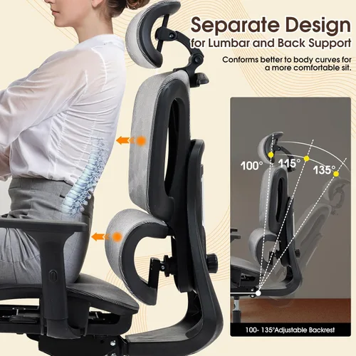 Miniatura 6 de Silla de oficina ergonómica con soporte lumbar ajustable, reposabrazos y reposacabezas 3D, silla reclinable de 135° con base de acero grande, silla