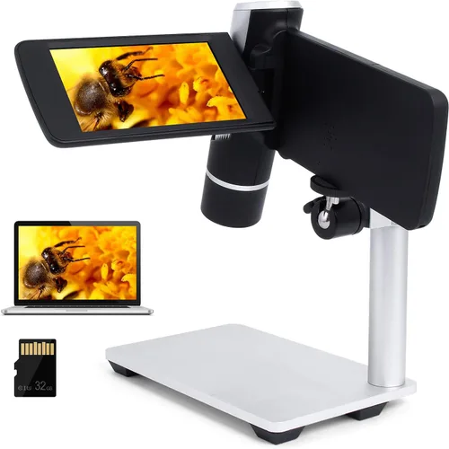 LM203 Microscopio digital LCD portátil con soporte de metal, 4 pulgadas 200X Kit de microscopio digital USB portátil para adultos y niños, 8 LED,