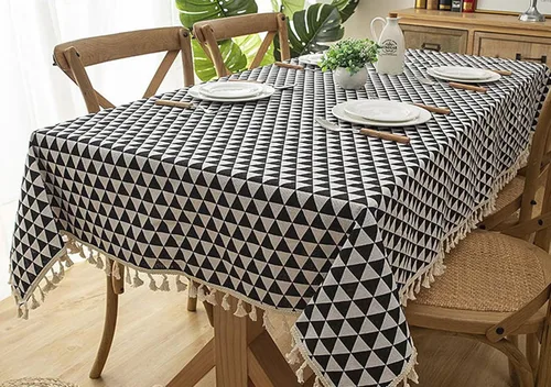 Miniatura 2 de Dinner Table Cover, 55 x 55 inch, Square, Black, Style 2, Cotton Triangle with Tassel Table Cloth for Party estilo 2