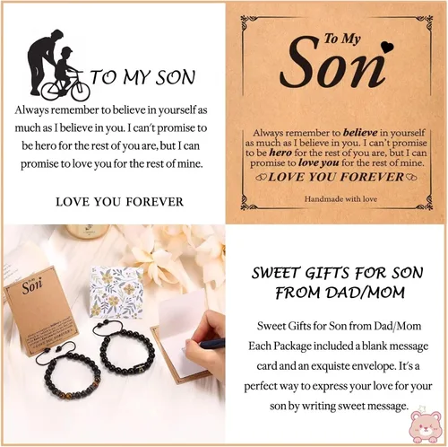 Miniatura 8 de STORUP Regalos para mi hijo de mamá papá, 2 pulseras de cuentas de obsidiana con inicial de ojo de tigre y ágata negra, regalos de cumpleaños, Día