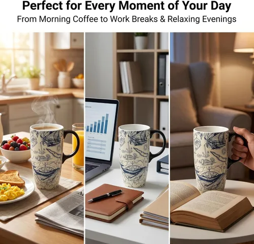 Miniatura 3 de Taza de cerámica Topadorn de porcelana para café con leche y té con caja de regalo, 17oz. Taza de viaje con tapa, estilo de navegación vintage Azul