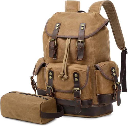 Miniatura 10 de Wogarl Mochila de lona de cuero vintage, Verde militar, Mediana, Ocio