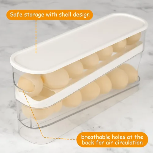 Miniatura 6 de Dispensador automático de huevos enrollable para organizador de refrigerador con tapa, 12 unidades de doble capa para almacenamiento de huevos