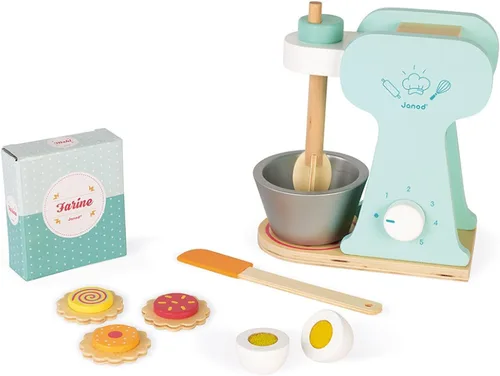 Janod - Juego de mezclador pequeño de madera - Juguete de cocina Make-Believe - 6 accesorios incluidos - Adecuado para edades de 8 años en adelante,