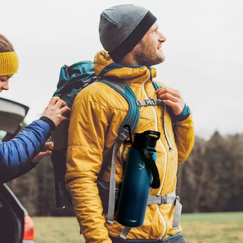 Miniatura 9 de NATURE PIONEOR Botellas de agua aisladas con mango de paracord - Botella de agua deportiva al vacío de boca ancha de 32 onzas con 3 tapas, acero