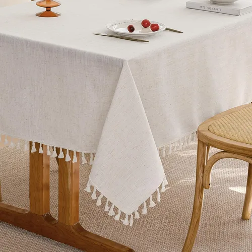 Miniatura 12 de Mantel rectangular de lino beige crema para comedor y cocina, mantel rectangular de arpillera de lino con borlas, resistente, rústico, campestre