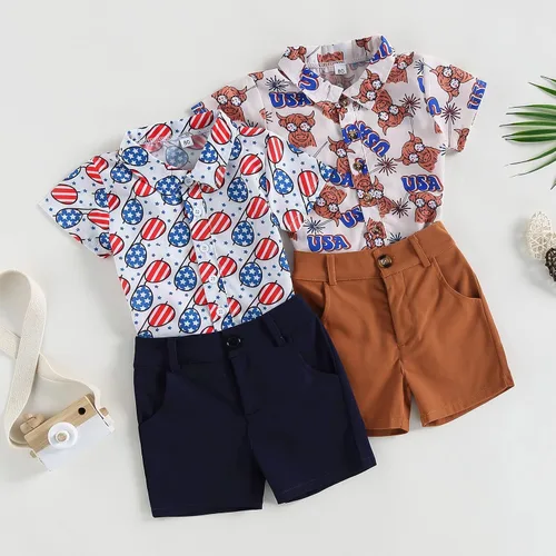 Miniatura 4 de AEEMCEM Conjunto de pantalones cortos estilo vaquero con estampado de vaca de manga corta y botones para bebé, conjunto de pantalones cortos
