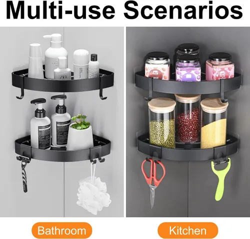 Miniatura 5 de DUFU Organizador de ducha adhesivo de esquina con ganchos, organizador de ducha de baño, no perforación, estante de ducha de aluminio a prueba