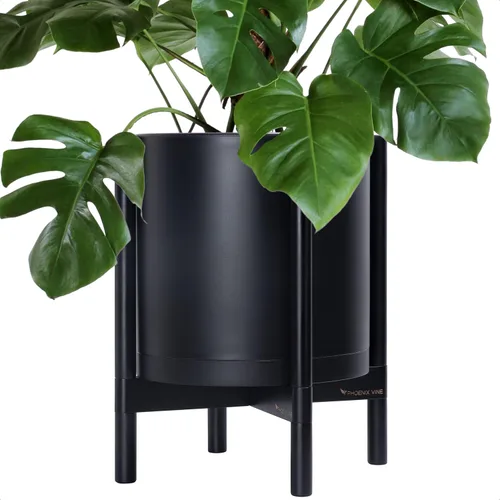 Miniatura 57 de Maceta de D'vine Dev con soporte - Maceta de flores de cilindro de plástico de 8.0 pulgadas con soporte de madera para interiores, maceta mate negra