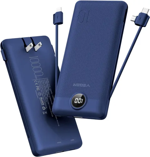 Miniatura 11 de VEGER Cargador Portátil con Enchufe de CA Integrado y Cables, Todo en Uno 10000mAh Batería Externa Ultra Delgada Esenciales de Viaje, Paquete