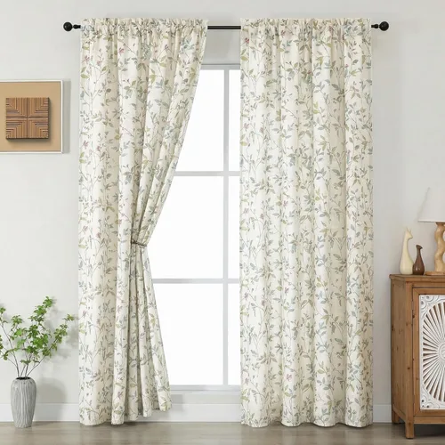 Miniatura 15 de Chyhomenyc Cortinas de mezcla de lino de 63 pulgadas de largo, 2 paneles de cortina con estampado floral filtrante de luz para sala de estar
