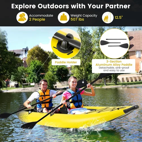 Miniatura 2 de GYMAX Kayak inflable, kayak tándem de 12.5 pies y 507 libras con 2 remos de aluminio, 2 asientos acolchados, reposapiés, 2 aletas, bomba de mano