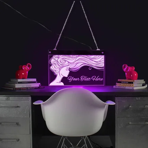 Miniatura 5 de The Geeky Days Señora de pelo largo salón de belleza peluquería LED personalizado multicolor cambiante luz pared signo Rmote control iluminado