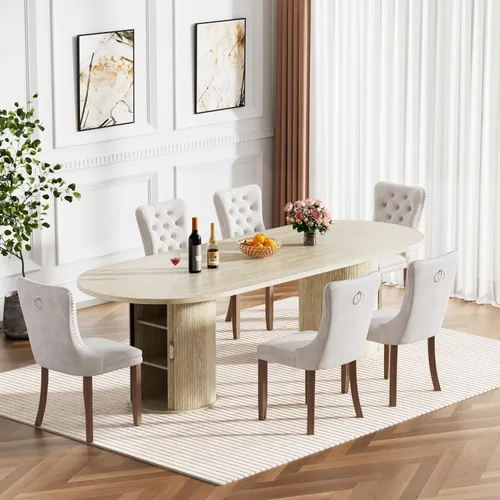Miniatura 28 de Mesa de comedor redonda extensible de 94 pulgadas con base de almacenamiento, mesa de comedor expandible natural para 10, mesa de comedor de madera