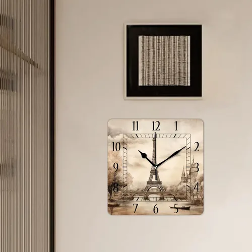 Miniatura 3 de Reloj de pared decorativo de 10 pulgadas, silencioso, cuadrado, para el hogar, sala de estar, cocina, torre Eiffel, retro, París, exquisito A0591