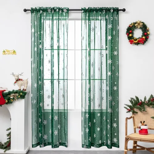 Miniatura 20 de Cortinas traslúcidas de Navidad para sala de estar, cortinas transparentes con estampado de copos de nieve de lujo, cortinas con bolsillo