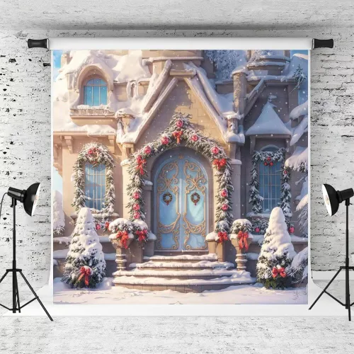 Kate Telón de fondo de fotos de casa de campo de Navidad, fondo de puerta rosa, nieve blanca, árboles de Navidad, fondo de fotos, accesorios de 5