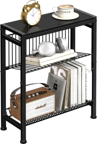 Miniatura 23 de Mesa auxiliar pequeña para espacios pequeños, mesa auxiliar estrecha de 3 niveles con portarevistas, mesita de noche delgada, mesa delgada para Gris