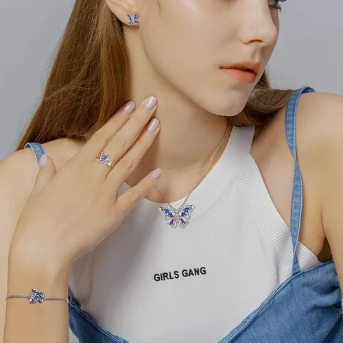 Miniatura 2 de 925 Sterling Silver Birthstone Butterfly Jewelry Women Crystal Animal Cute Butterflies Birthday NecklaceEarringRingBracelet Sets Birth Stone