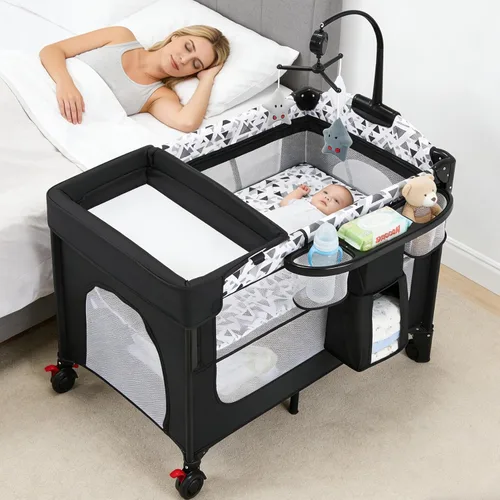 Miniatura 11 de Cuna de bebé 5 en 1, cuna de noche ajustable de 6 alturas para bebé, cuna mecedora con cómodo colchón y ruedas bloqueables, cesta de almacenamiento