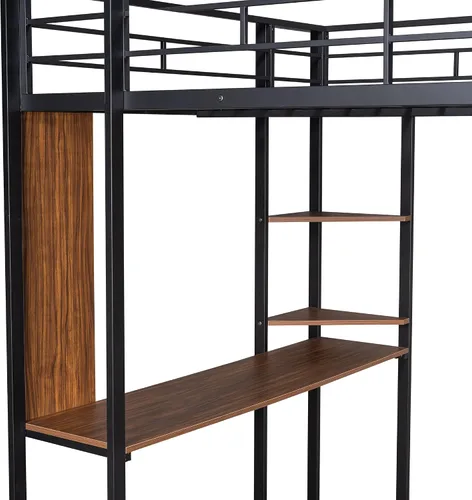 Miniatura 5 de Merax Cama alta de metal de tamaño matrimonial que ahorra espacio con 2 estantes y 1 escritorio, dos escaleras integradas y barandillas, no necesita