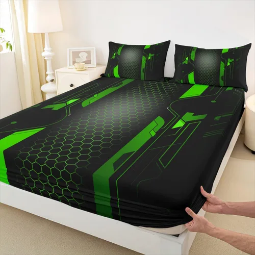 Miniatura 15 de Manfei Sábana bajera ajustable de panal rojo, tamaño matrimonial, juego de ropa de cama hexagonal geométrica de 3 piezas para decoración de Multi 07